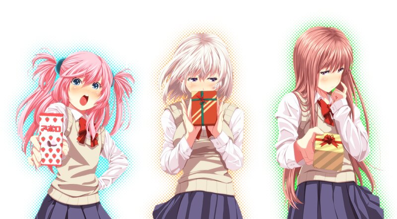 Three Anime Girls — Pink, Playful, School Uniforms, Gifts