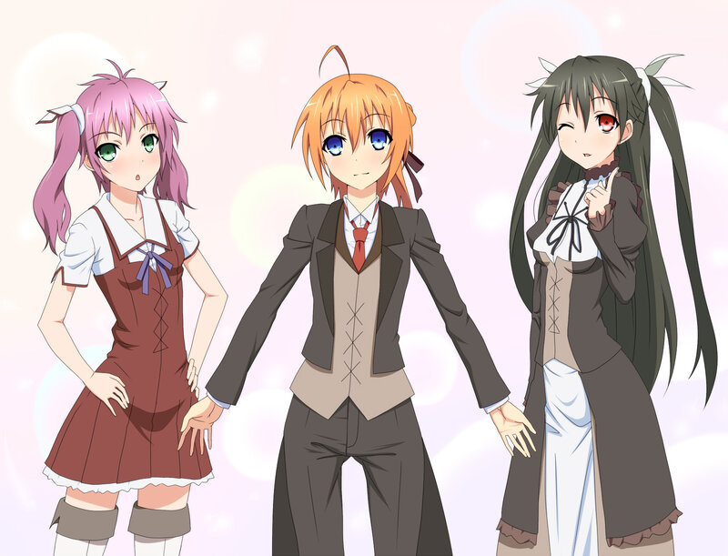 Three Anime Girls — Pink, Playful, School Uniforms, Pigtails