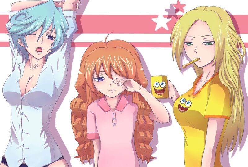 Three Anime Girls — Pink, Playful, Spongebob Cup