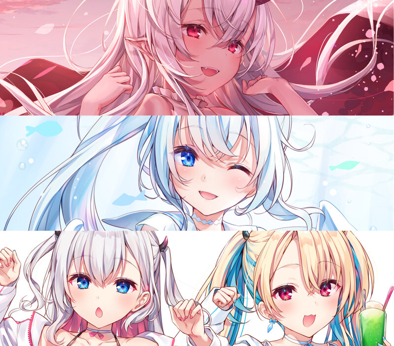 Three Anime Girls — Pink, Playful, Sunset, Long Hair