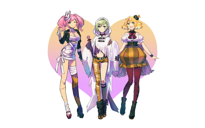 Three Anime Girls — Pink, Playful, Sunset