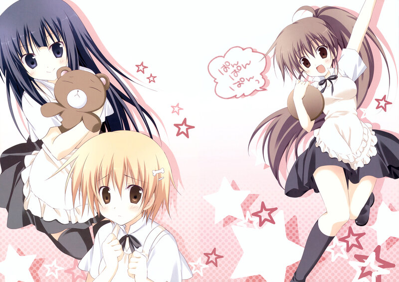 Three Anime Girls — Pink, Playful, Teddy Bear