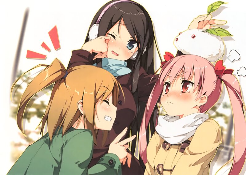 Three Anime Girls — Pink, Playful, Winter