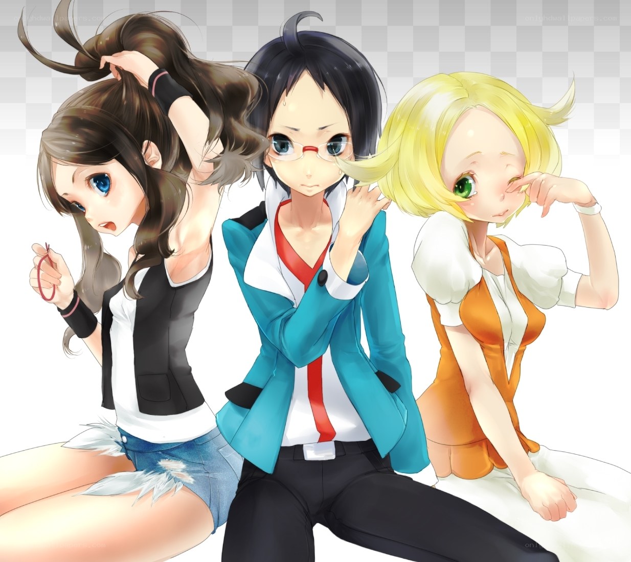 three anime girls posing