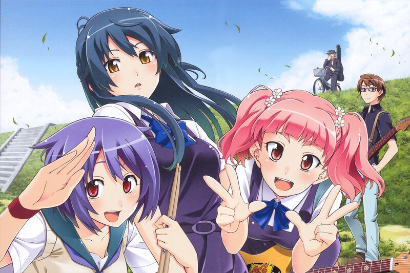 Three Anime Girls Posing — Blue, Cheerful, Afternoon, Guitar