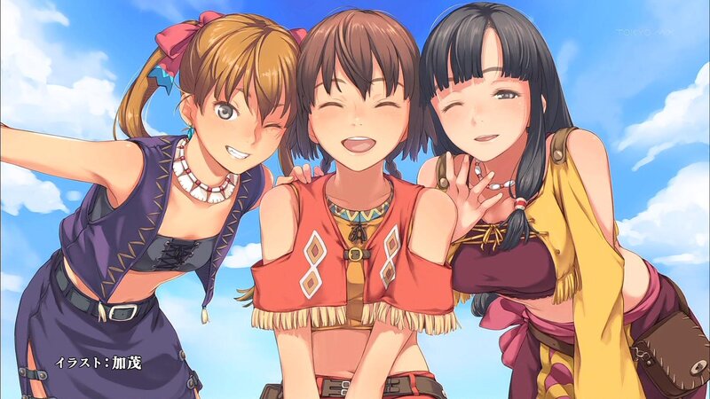 Three Anime Girls Posing — Blue, Cheerful, Afternoon