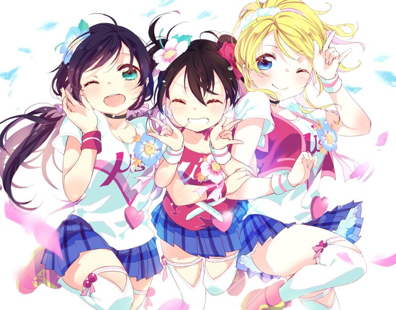 Three Anime Girls Posing — Blue, Cheerful