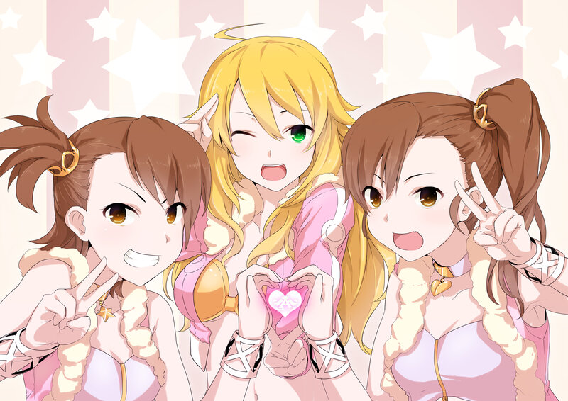 Three Anime Girls Posing — Pink, Cheerful