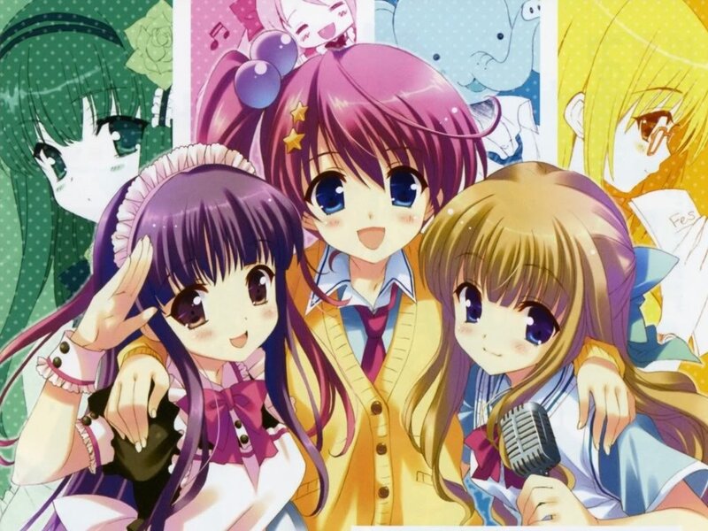 Three Anime Girls Posing — Purple, Cheerful, Microphone