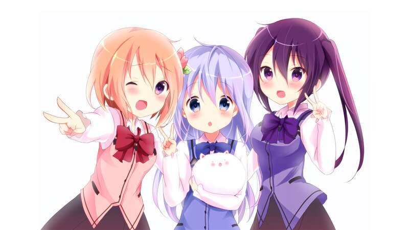 Three Anime Girls Posing — Purple, Cheerful