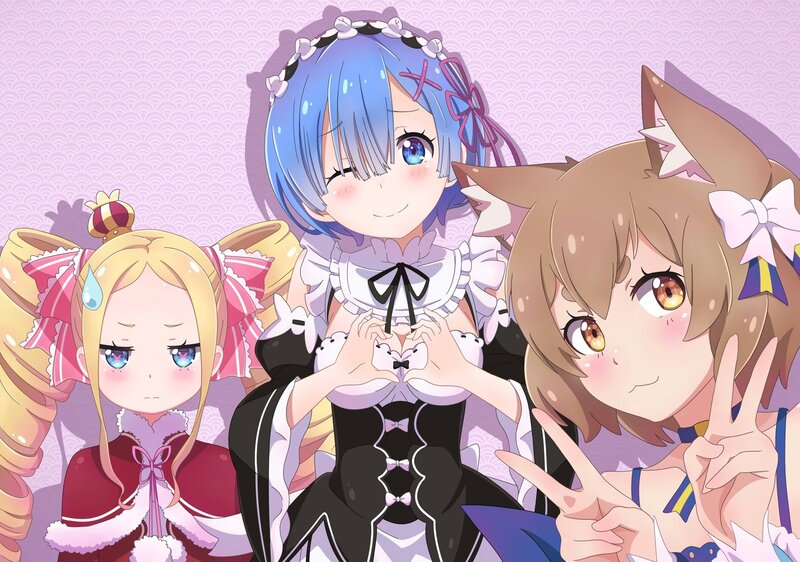 Three Anime Girls Posing — Purple, Playful