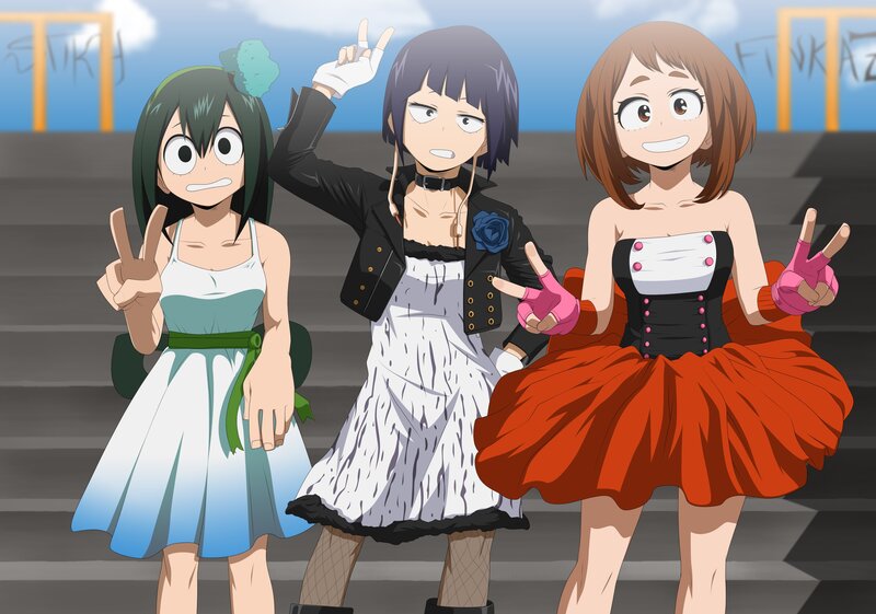 Three Anime Girls Posing — Red, Playful