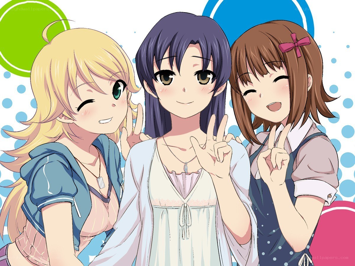 Three anime girls posing together