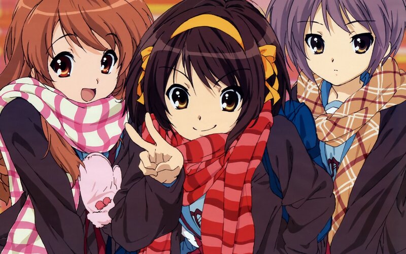 three anime girls posing together