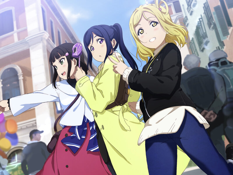 Three Anime Girls Posing — Yellow, Cheerful