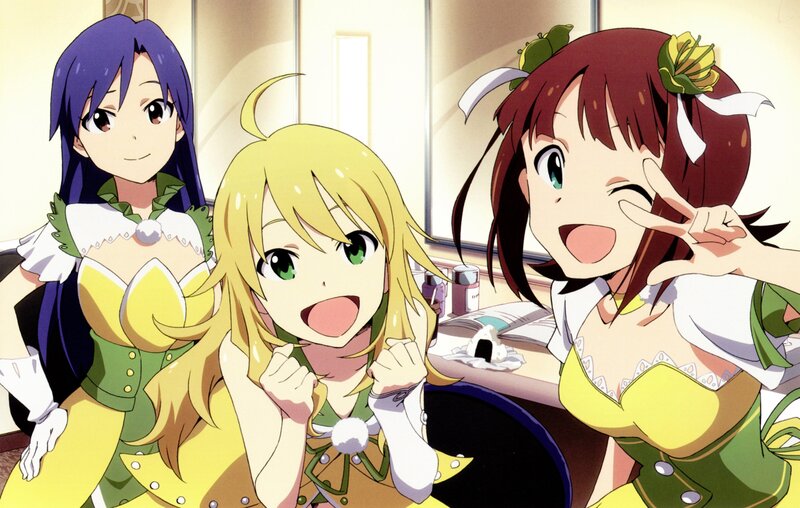 Three Anime Girls Posing — Yellow, Happy