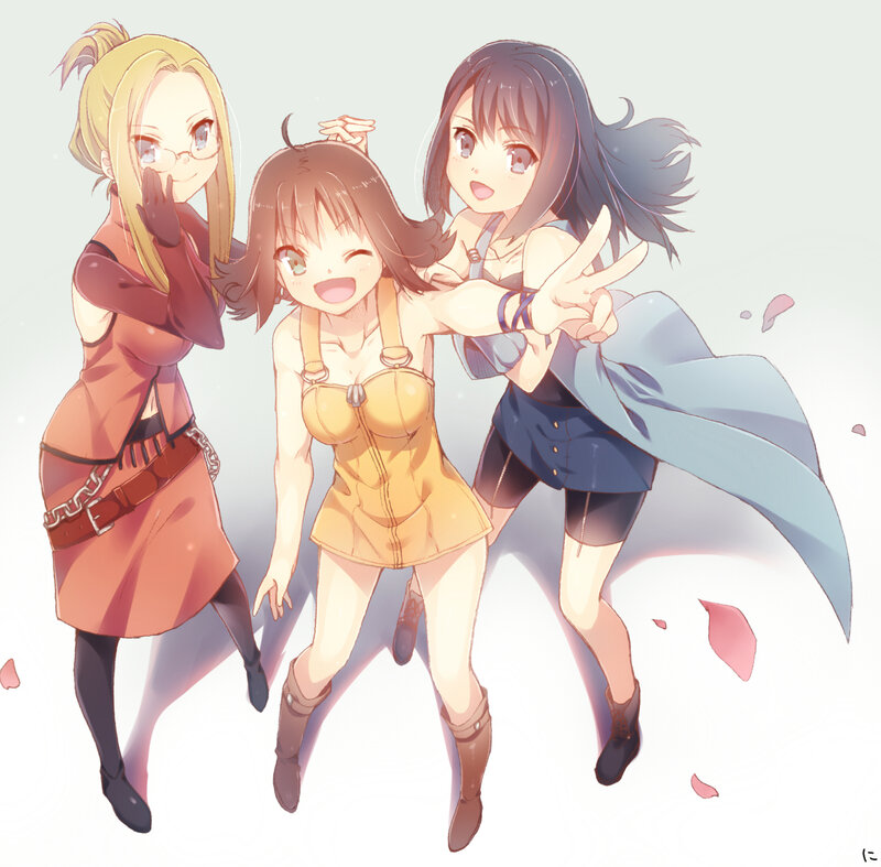 Three Anime Girls Posing — Yellow, Playful, Peace Sign