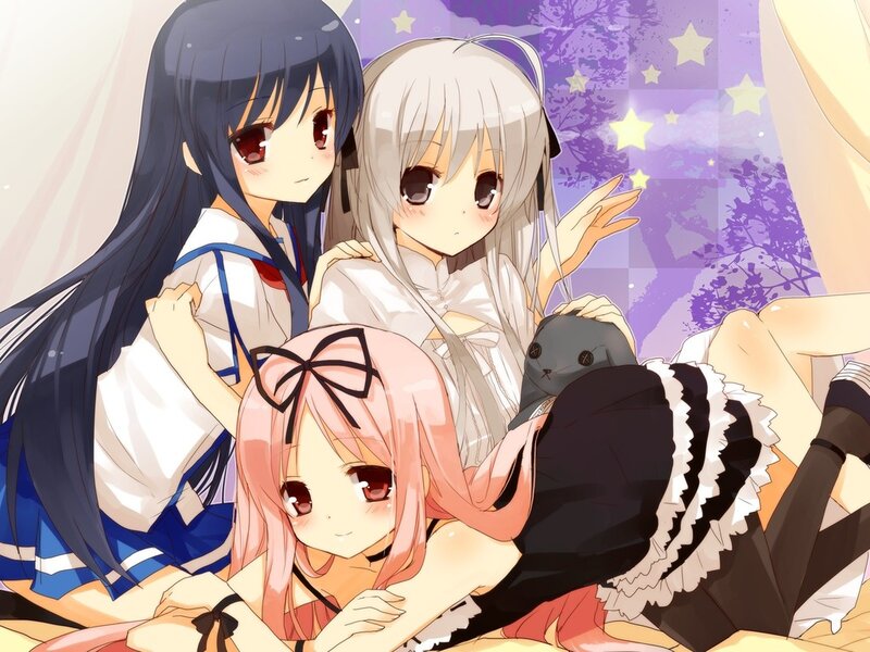 Three Anime Girls — Purple, Calm, Night