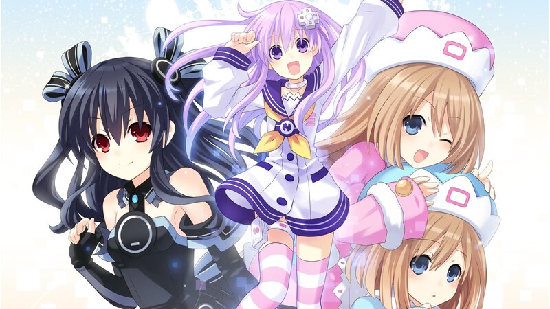 Three Anime Girls — Purple, Cheerful, Long Hair