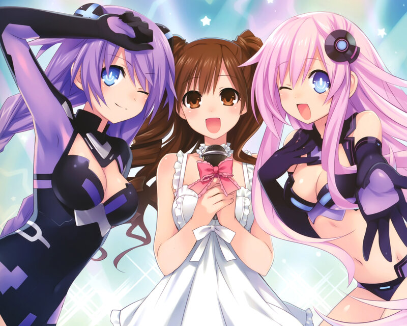 Three Anime Girls — Purple, Cheerful, Microphone