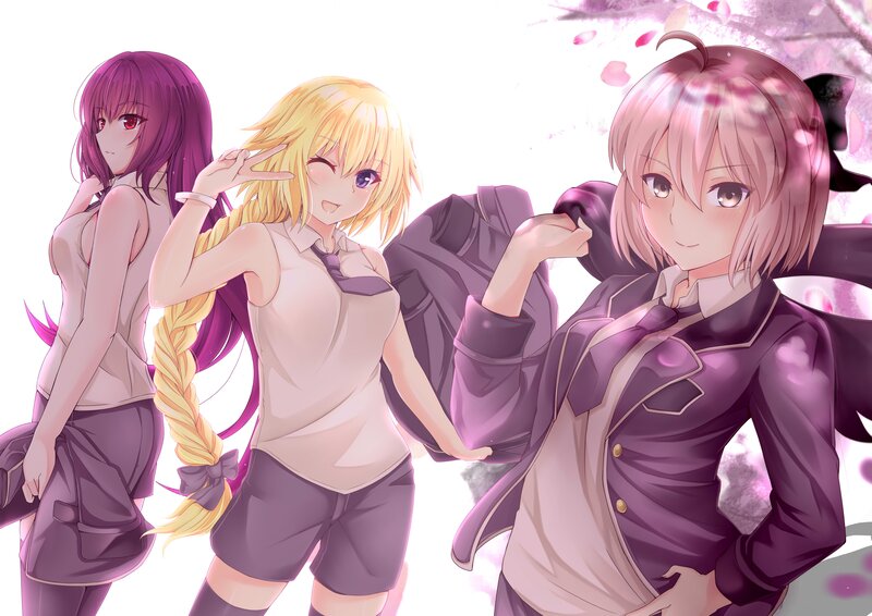 Three Anime Girls — Purple, Cheerful, Spring, School Uniform