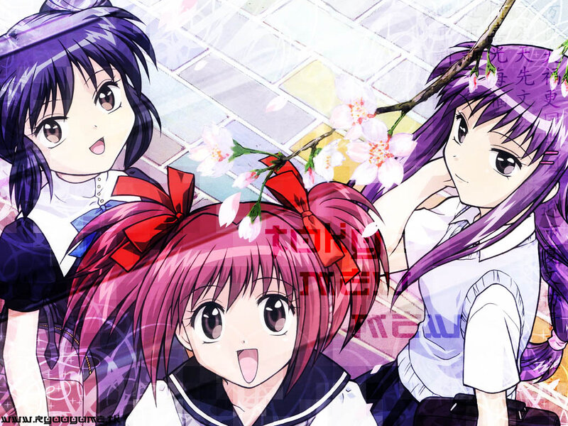 Three Anime Girls — Purple, Cheerful, Spring
