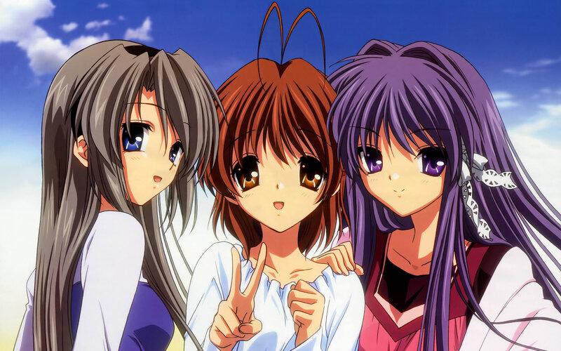 Three Anime Girls — Purple, Cheerful