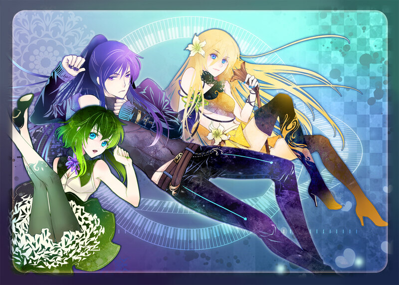 Three Anime Girls — Purple, Dramatic, Flowers
