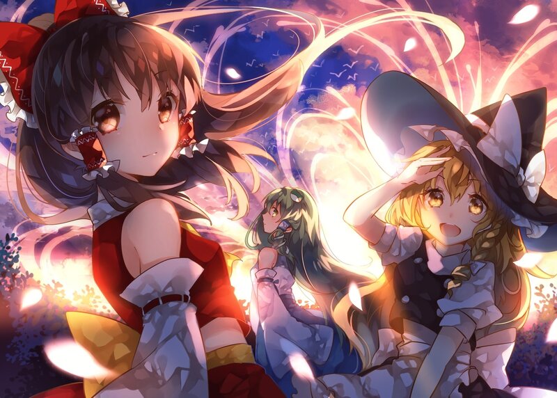 Three Anime Girls — Purple, Dramatic, Night, Digital Art, Fireworks