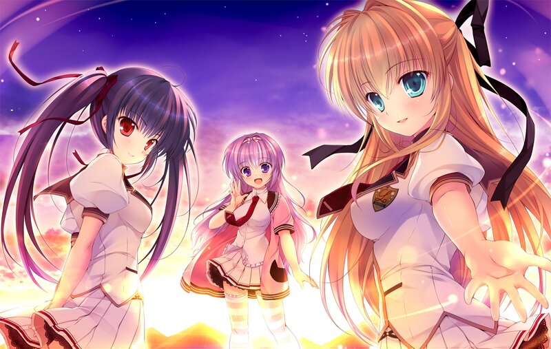 Three Anime Girls — Purple, Dramatic, Night, School Uniforms