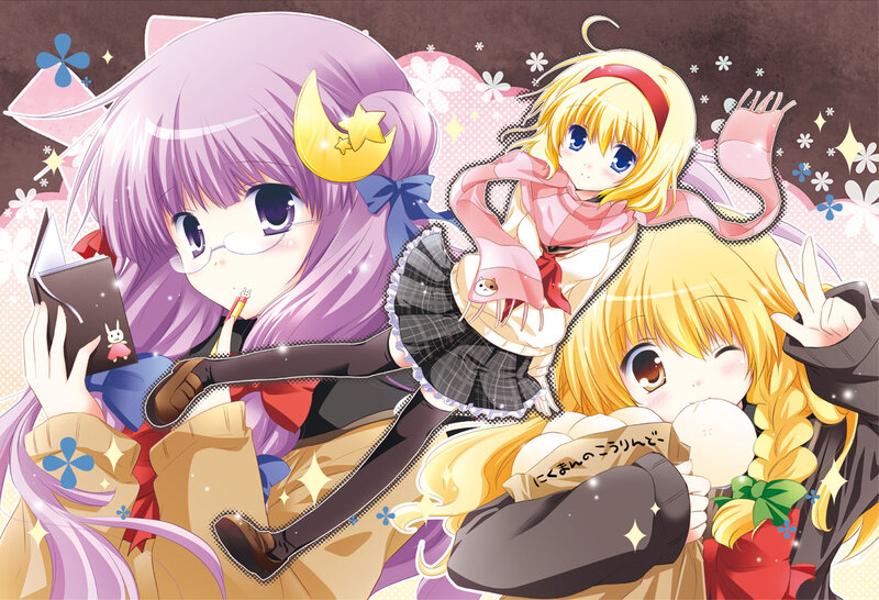 Three Anime Girls — Purple, Playful, Book