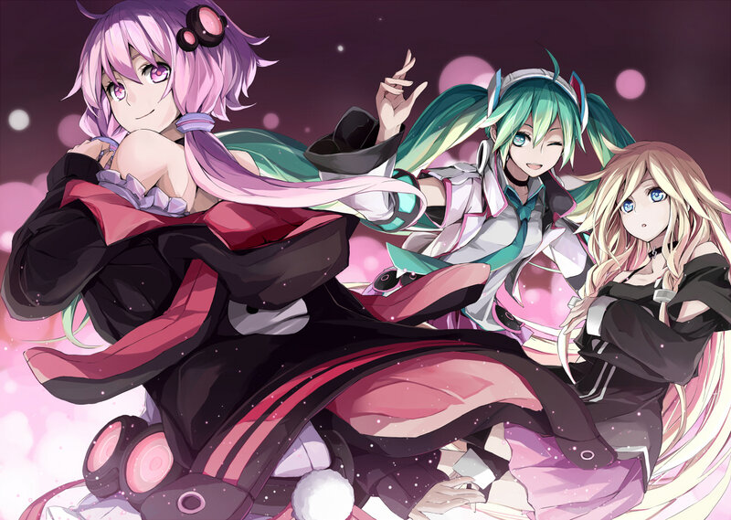 Three Anime Girls — Purple, Playful, Night