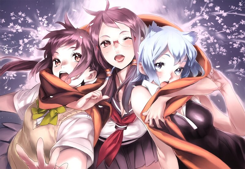 Three Anime Girls — Purple, Playful, Spring, Scarf
