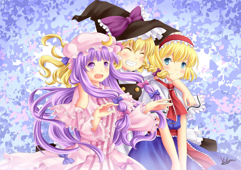 Three Anime Girls — Purple, Playful, Spring