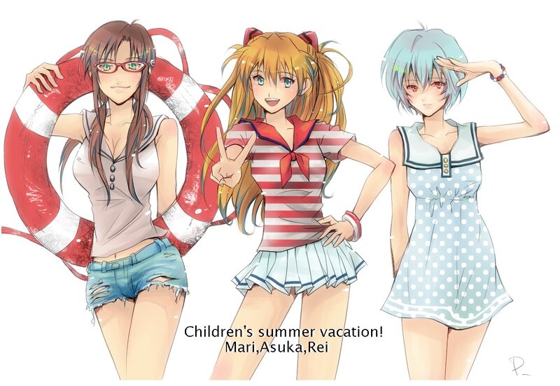 Three Anime Girls — Red, Cheerful, Summer
