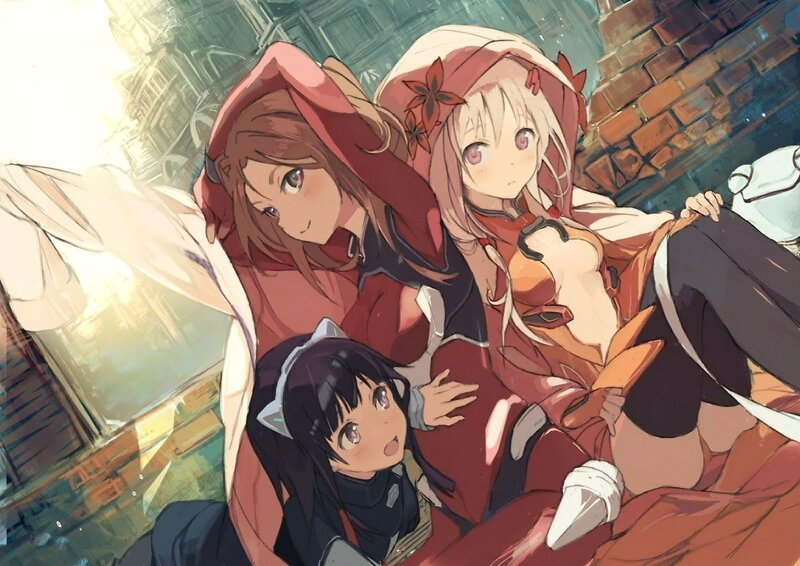 Three Anime Girls — Red, Dramatic, Afternoon