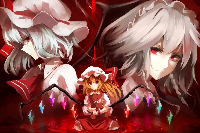 Three Anime Girls — Red, Dramatic, Digital Art