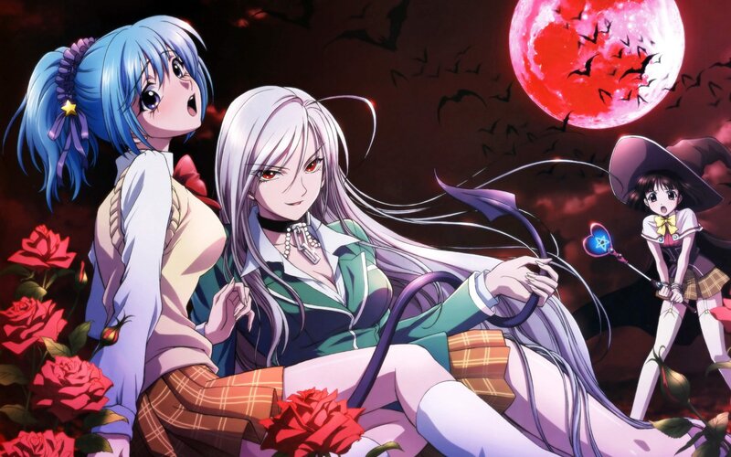 Three Anime Girls — Red, Dramatic, Night, Red Moon