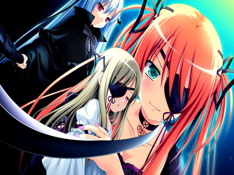 Three Anime Girls — Red, Dramatic, Night