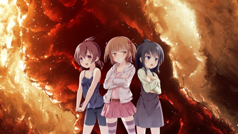 Three Anime Girls — Red, Dramatic, Space
