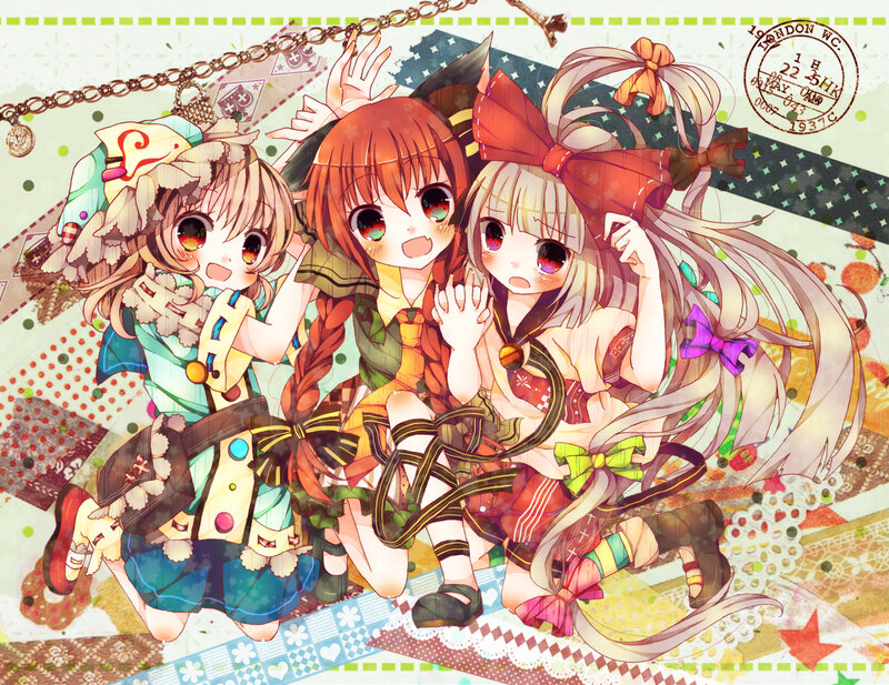 Three Anime Girls — Red, Playful, Bows