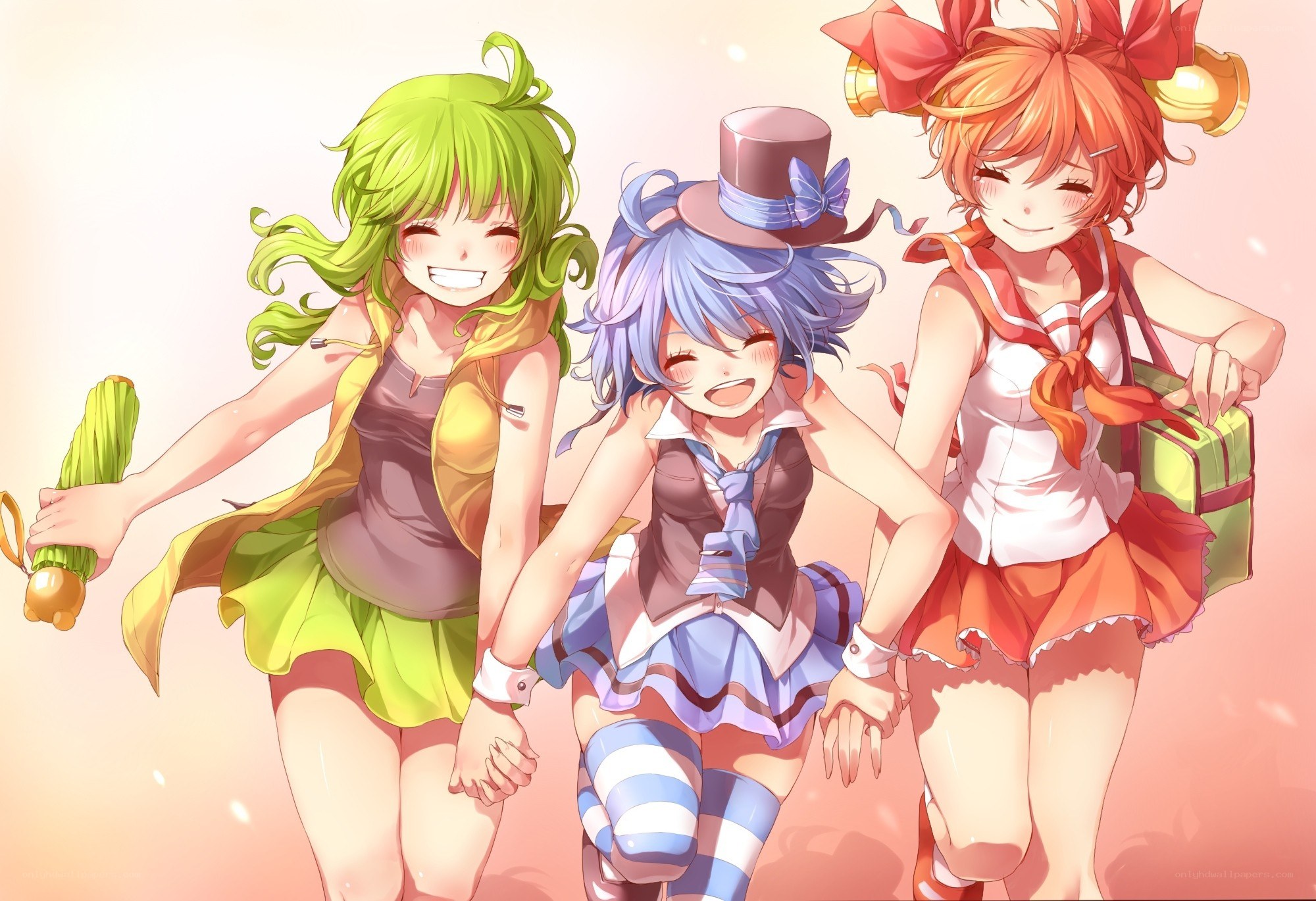 Three anime girls running together