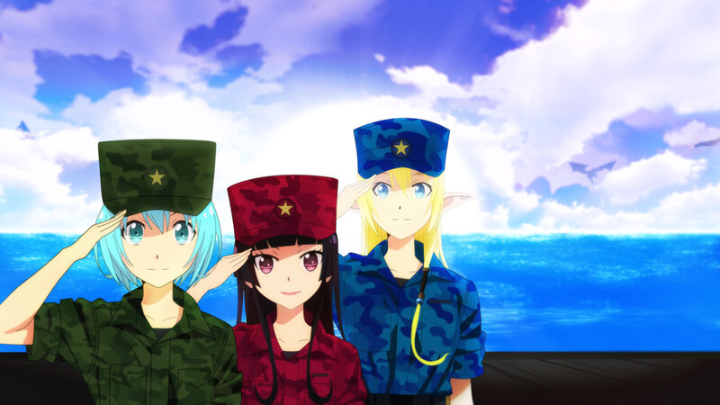 Three Anime Girls Saluting