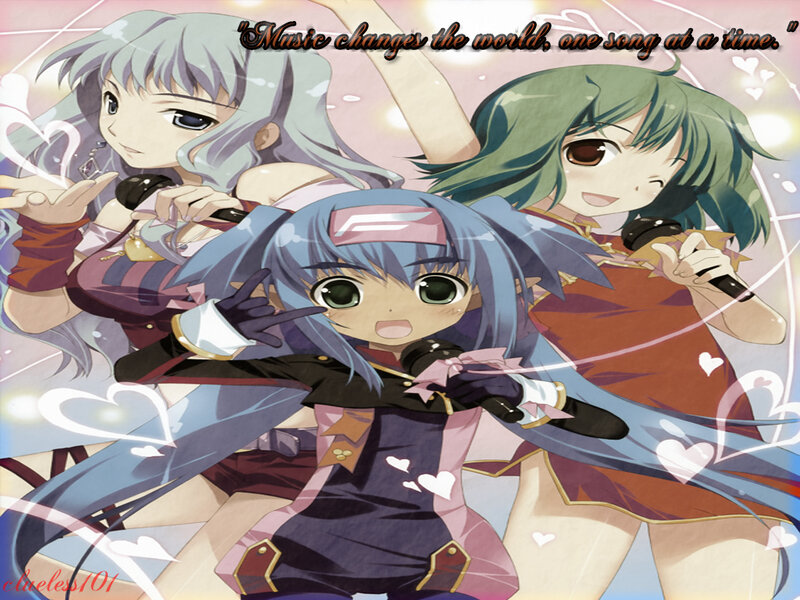 Three Anime Girls Singing — Blue, Cheerful, Microphones
