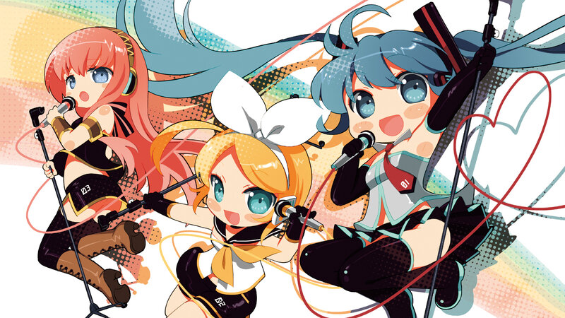 Three Anime Girls Singing — Blue, Energetic, Digital Art