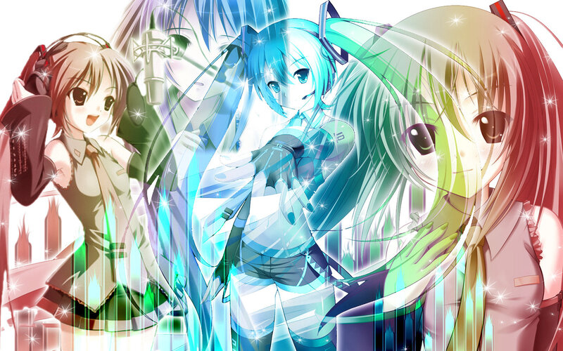 Three Anime Girls Singing — Blue, Energetic, Microphone, Sparkles