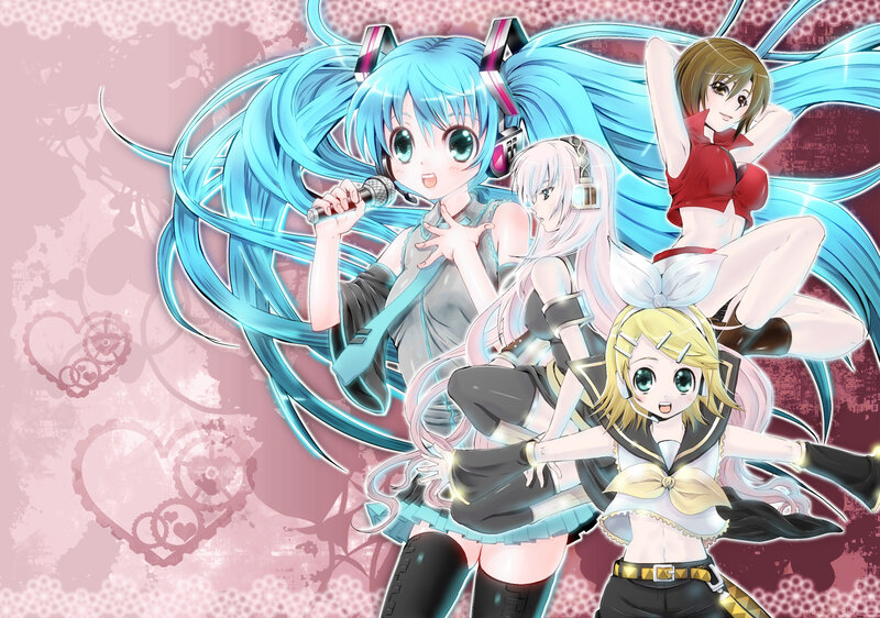 Three Anime Girls Singing — Blue, Energetic, Microphone