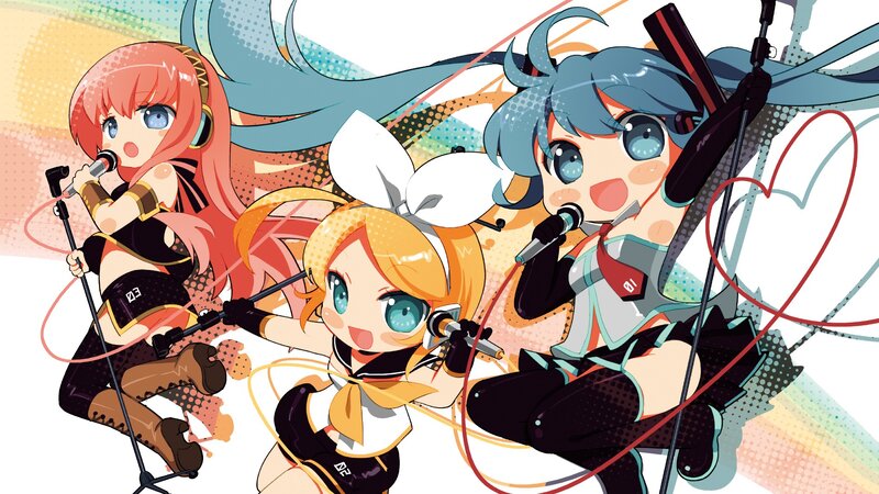 Three Anime Girls Singing — Blue, Energetic, Microphones, Headphones