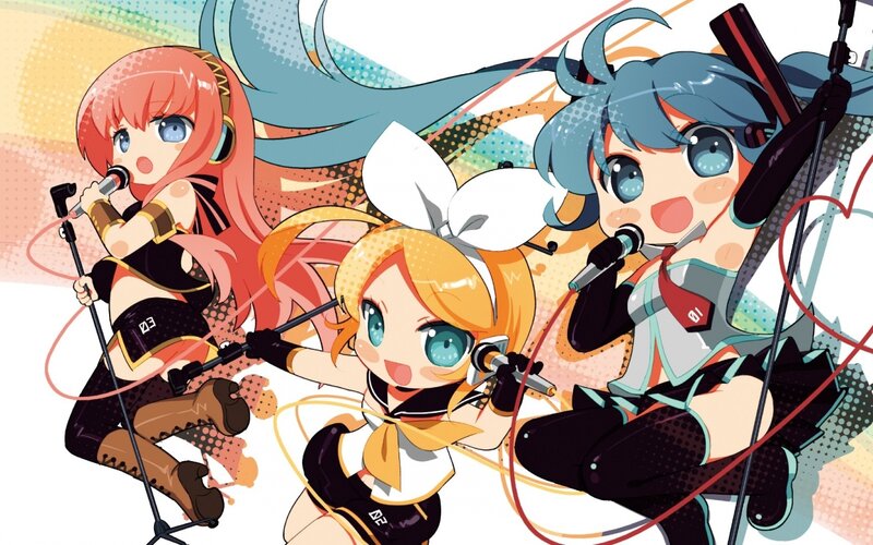 Three Anime Girls Singing — Blue, Energetic, Microphones