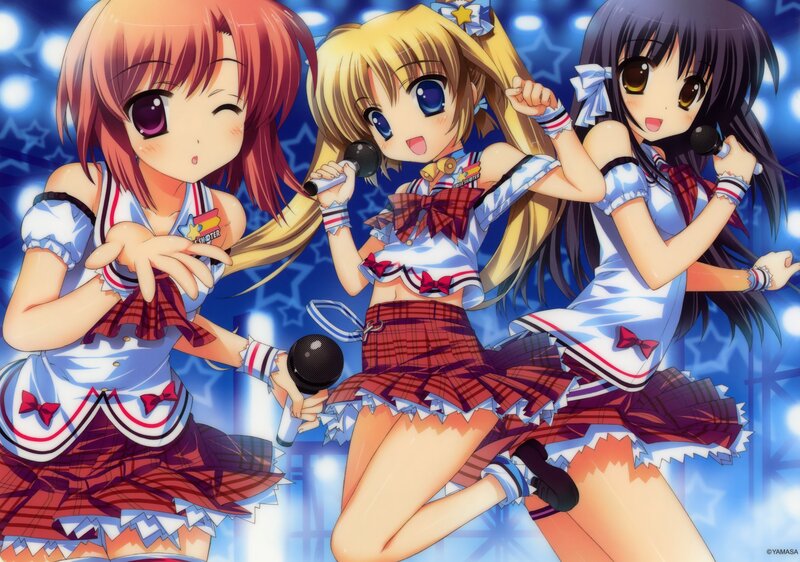 Three anime girls singing on stage
